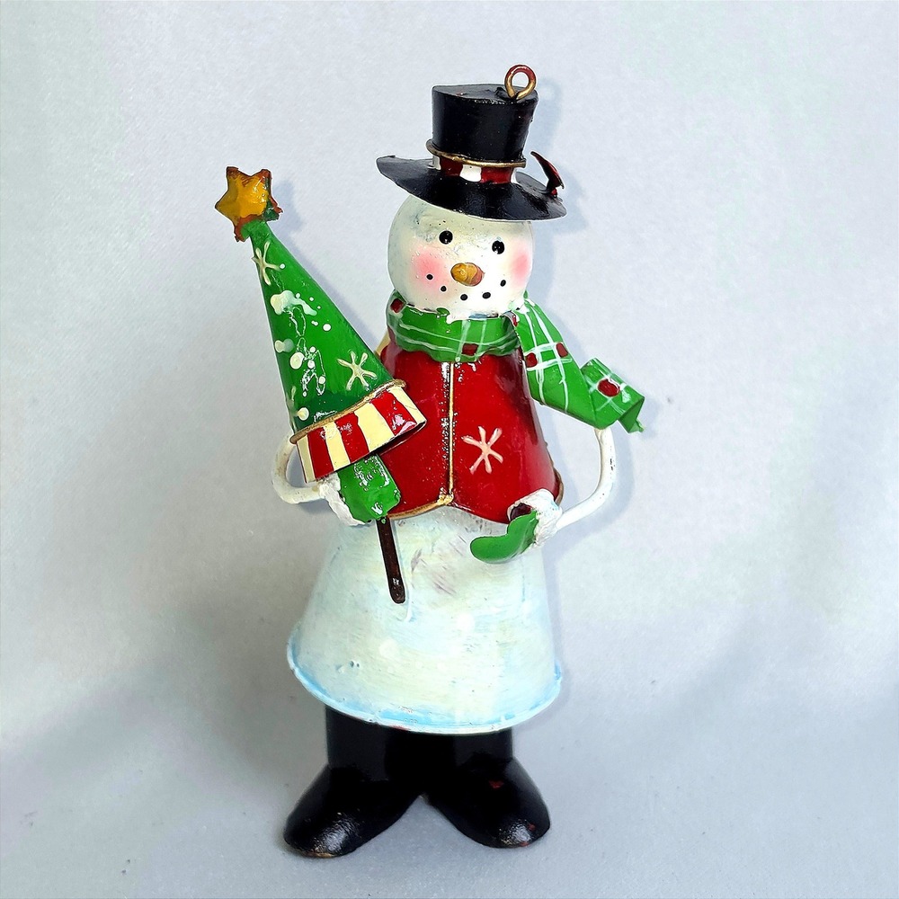 Rustic Painted Metal Snowman Figurine with Christmas Tree Holiday Decor 3.5"